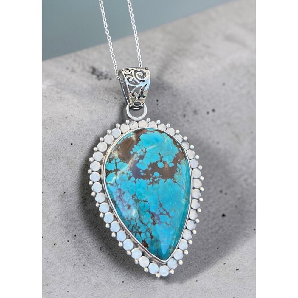 925 Sterling Silver Turquoise Teardrop Pendant Necklace Southwestern 18” chain - Picture 3 of 8